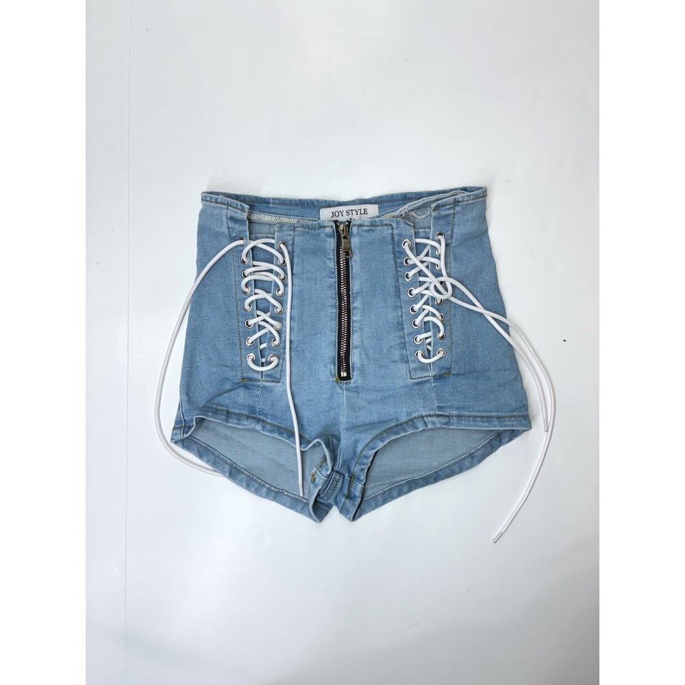 Light Wash Lace Up High Waisted Denim Festival Booty Shorts Small